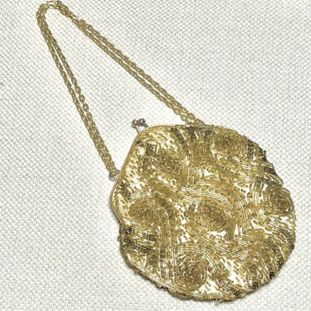 VINTAGE Hand Beaded Gold Evening Bag